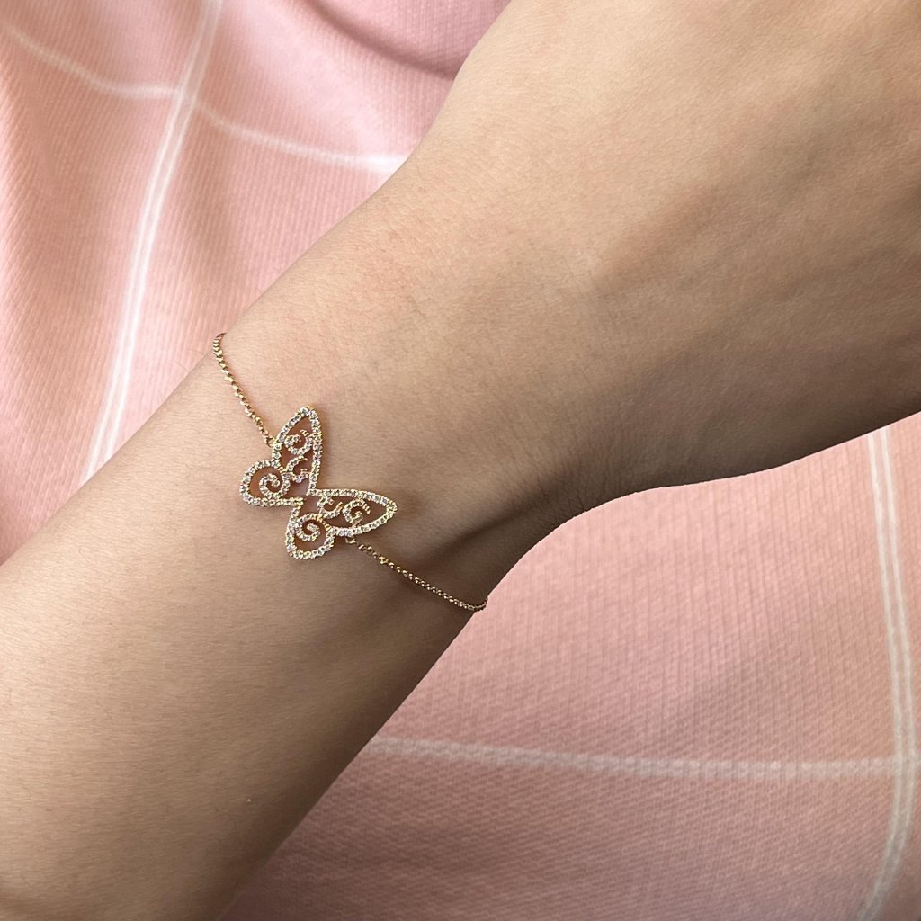 Rachel Koen Diamond Butterfly Chain Bracelet 18k Rose Gold 0.46cttw